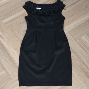 London Times Black Floral-Trim Cap Sleeve Mini Dress 6